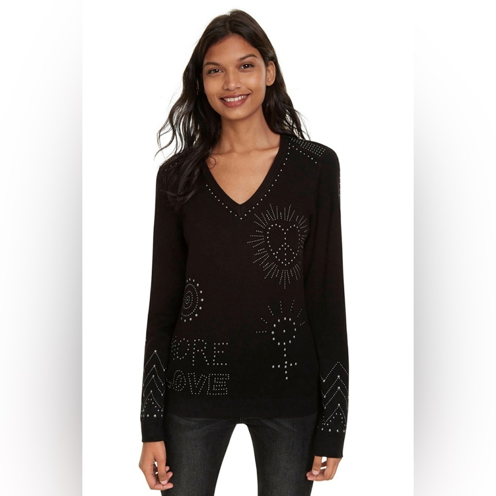 Desigual Womens Jumper Studded More Love Pullover Sweater Heart Art Metal rocker